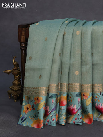 Banarasi tussar silk saree pastel green with zari woven buttas and zari woven floral digital printed border