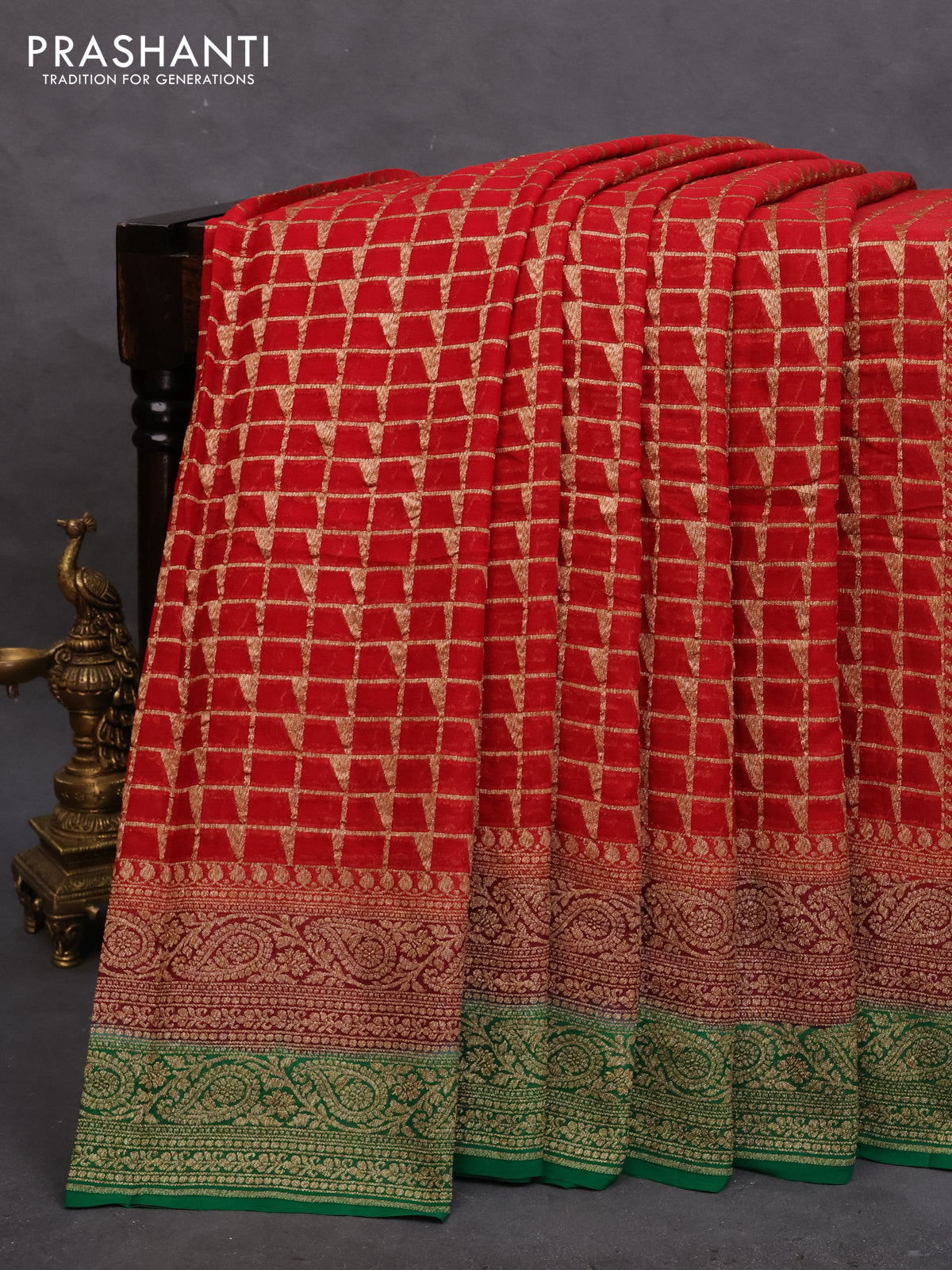 Banarasi georgette saree red and maroon green with allover thread weaves and woven border