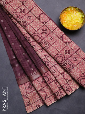 Chanderi silk cotton saree wine shade and beige with allover zari buttas and printed border