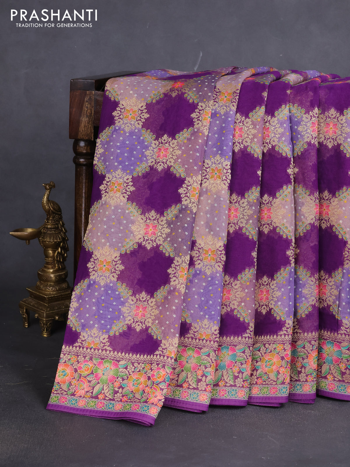 Banarasi georgette saree purple with bandhani prints & mina weaves