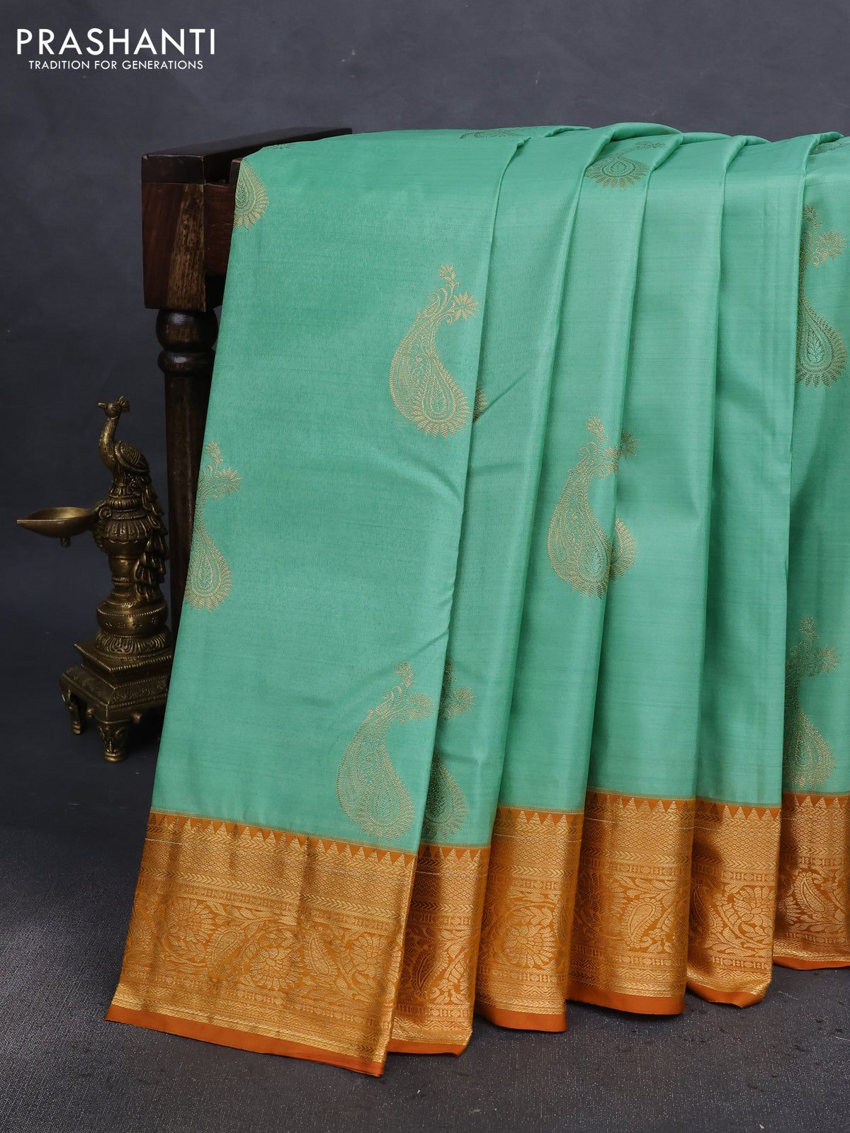 Bangalori silk saree pastel green and dark mustard with zari woven buttas and zari woven border