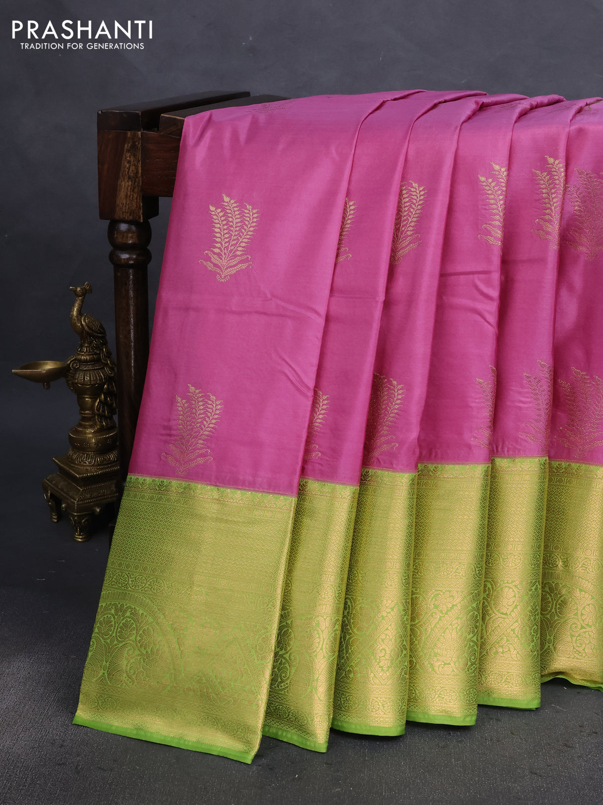 Bangalori silk saree mauve pink and green with zari woven buttas and long zari woven border