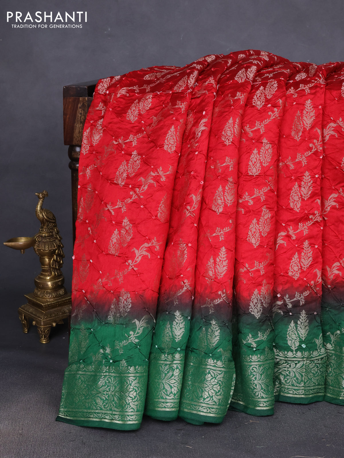 Chiniya silk saree red and green with allover bandhani prints & zari weaves and zari woven border