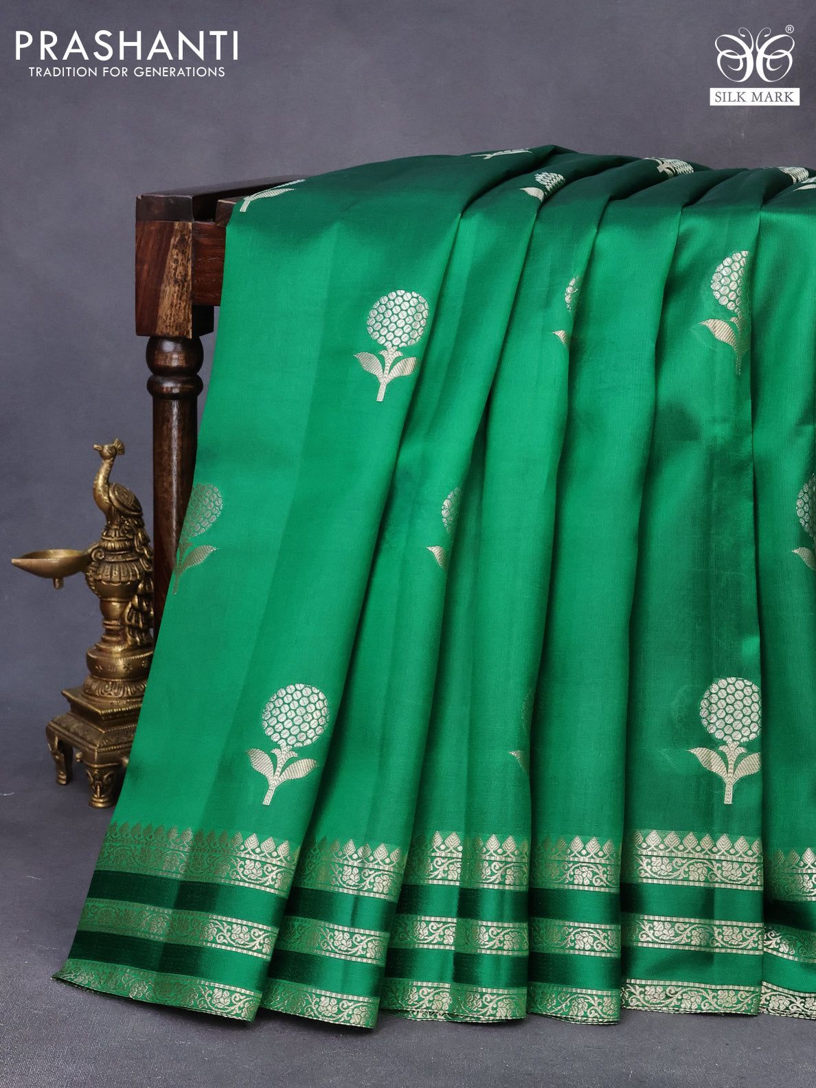 Chiniya silk saree green with zari woven floral buttas and zari woven border