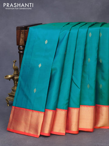 Pure kanchipuram silk saree teal shade and dual shade of orange with zari woven buttas and zari woven korvai border