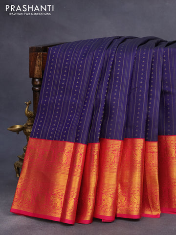 Pure kanchipuram silk saree dark blue and pink with allover zari weaves and long zari woven korvai border