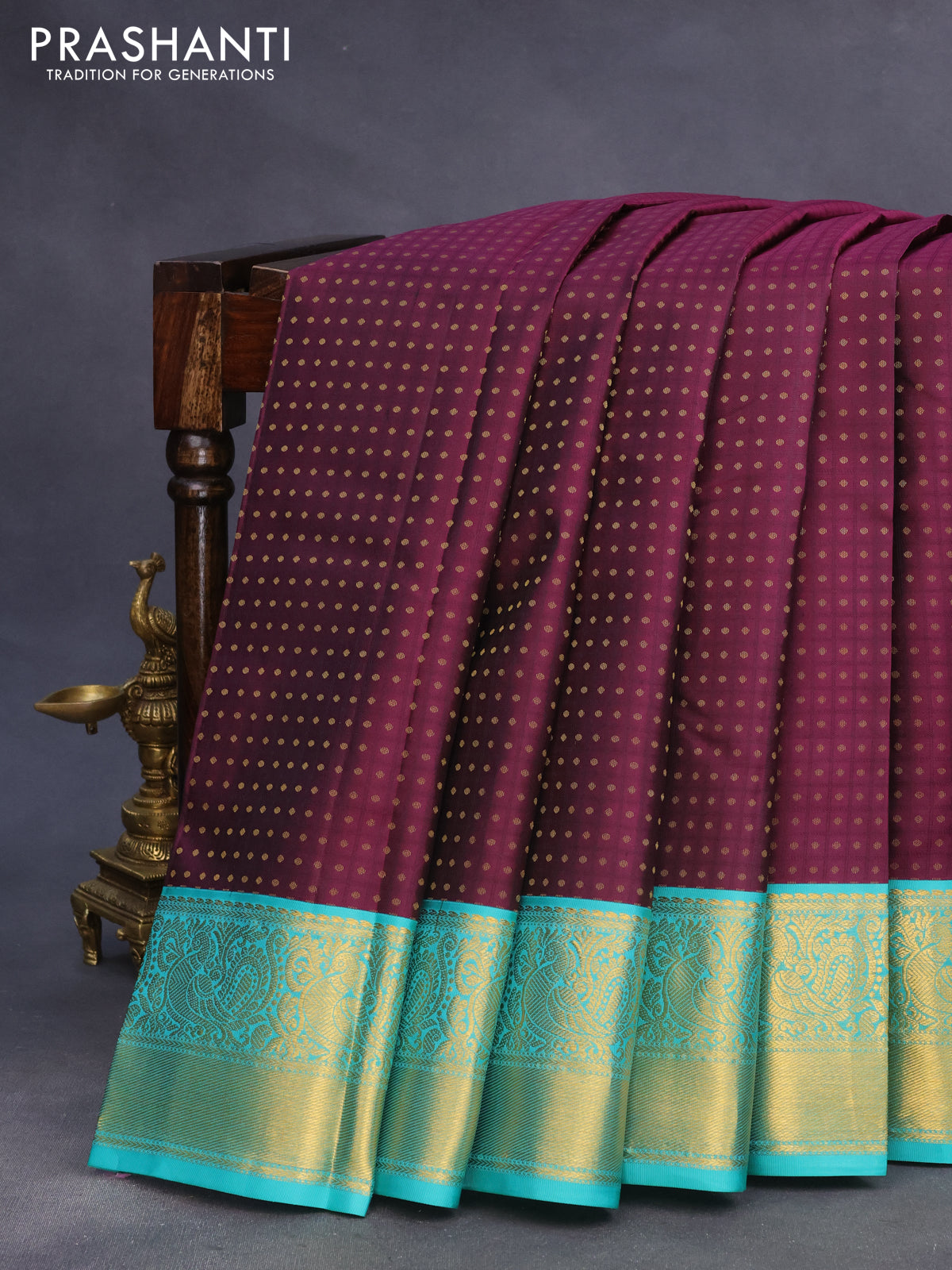 Pure kanchipuram silk saree wine shade and teal blue with allover self emboss & zari buttas and zari woven korvai border