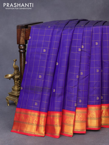 Pure kanchipuram silk saree blue and red with allover zari checks & buttas and zari woven korvai border