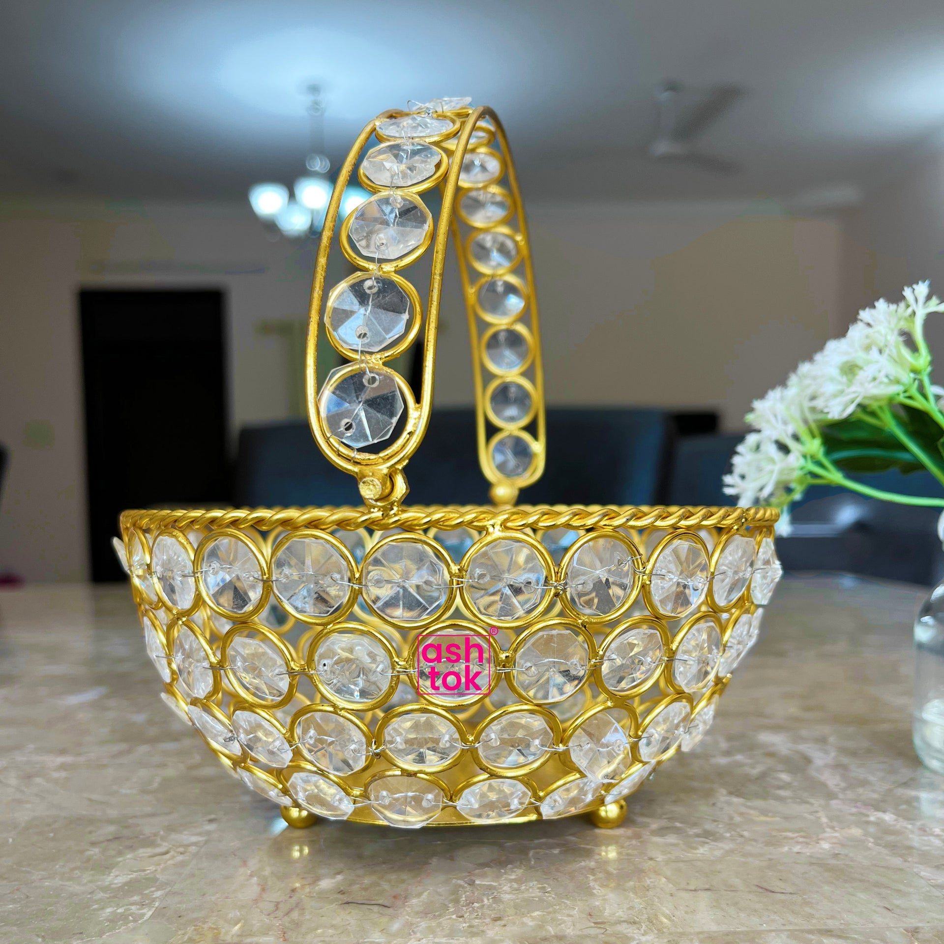 Crystal Basket Gift Item, Gold Coated Flower Basket (Dia 5 Inches)