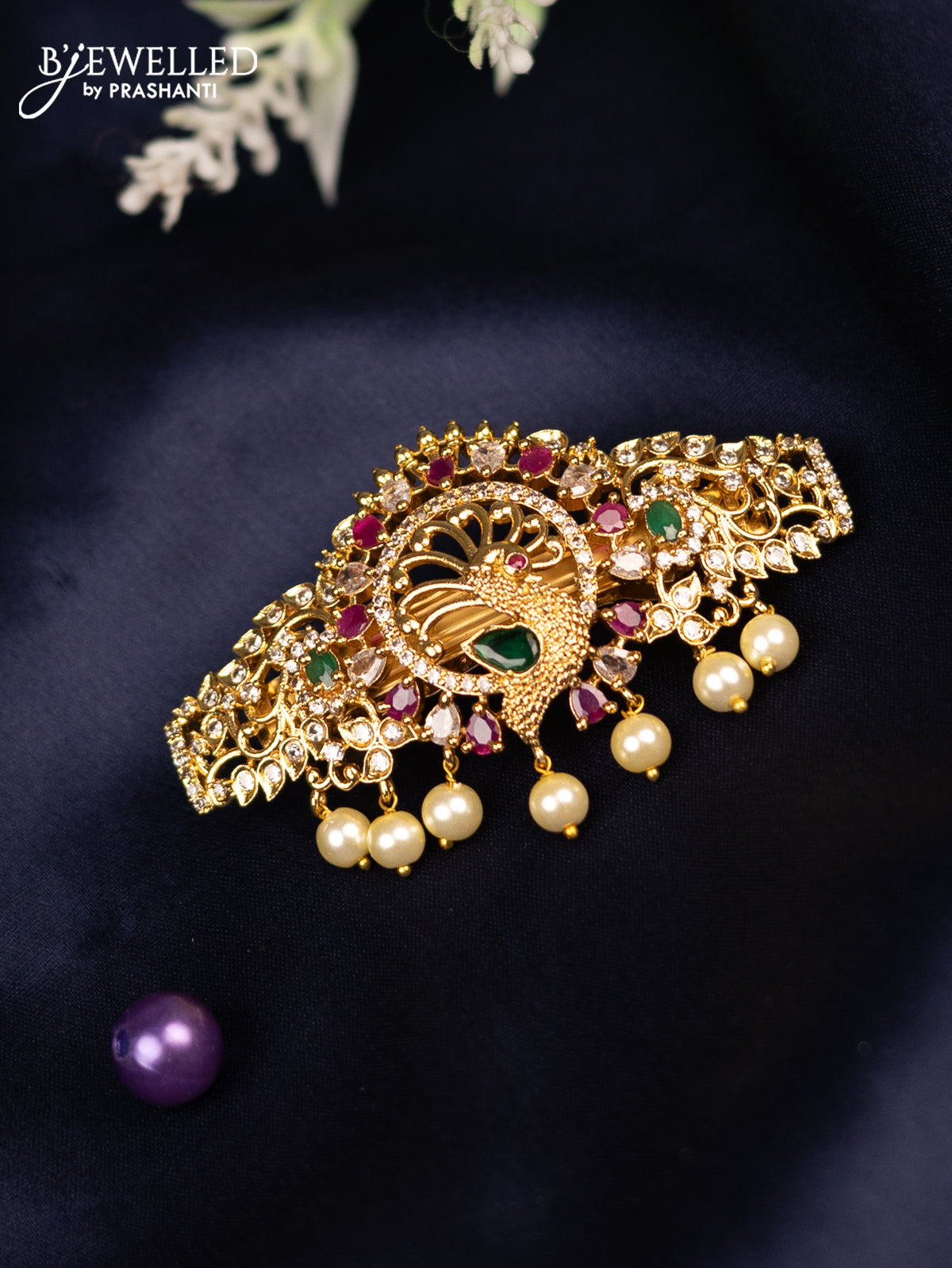 Antique hair clip peacock design with kemp & cz stones and pearl hangings