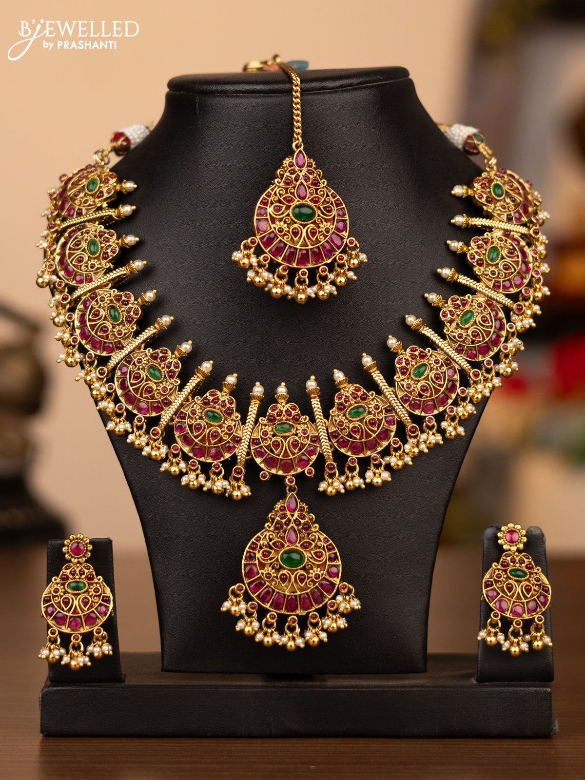 Antique reversible necklace lakshmi & chandbali pendant with kemp stones and pearl & golden beads hanging