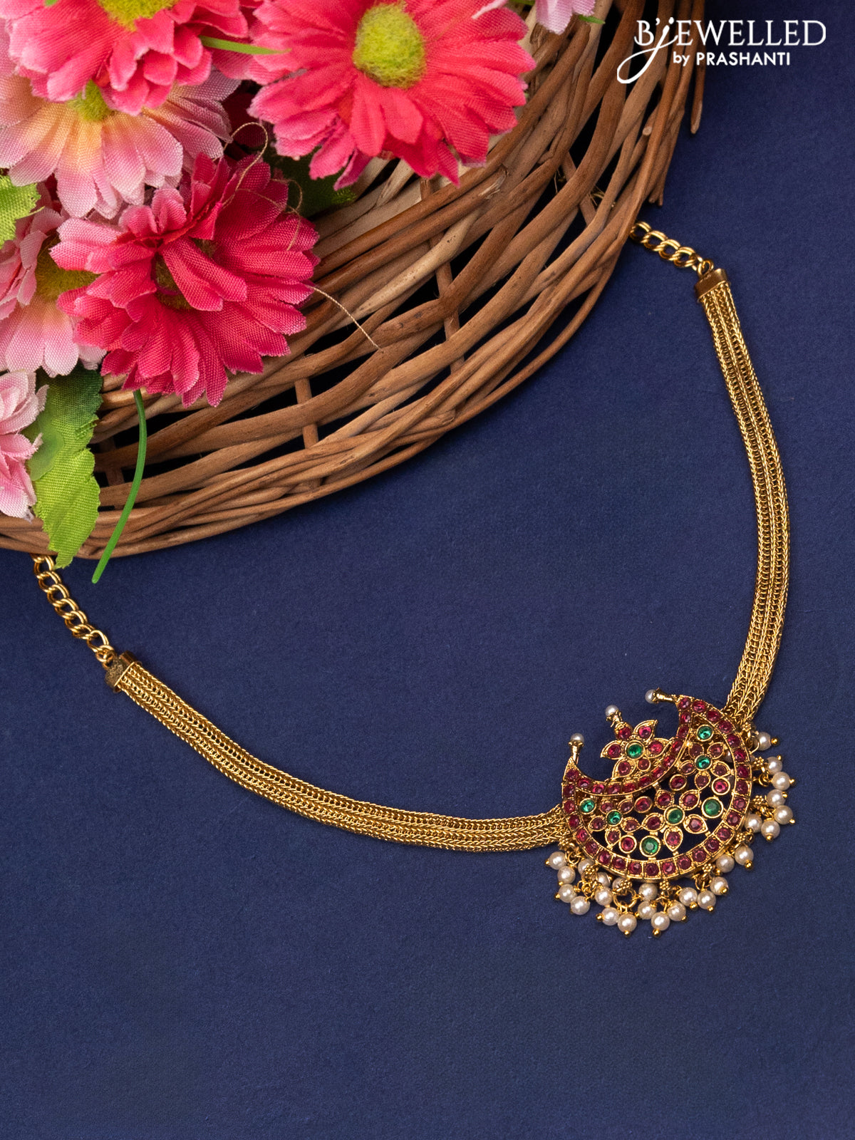 Antique attigai choker chandbali pendant with kemp stones and pearl hangings without earrings