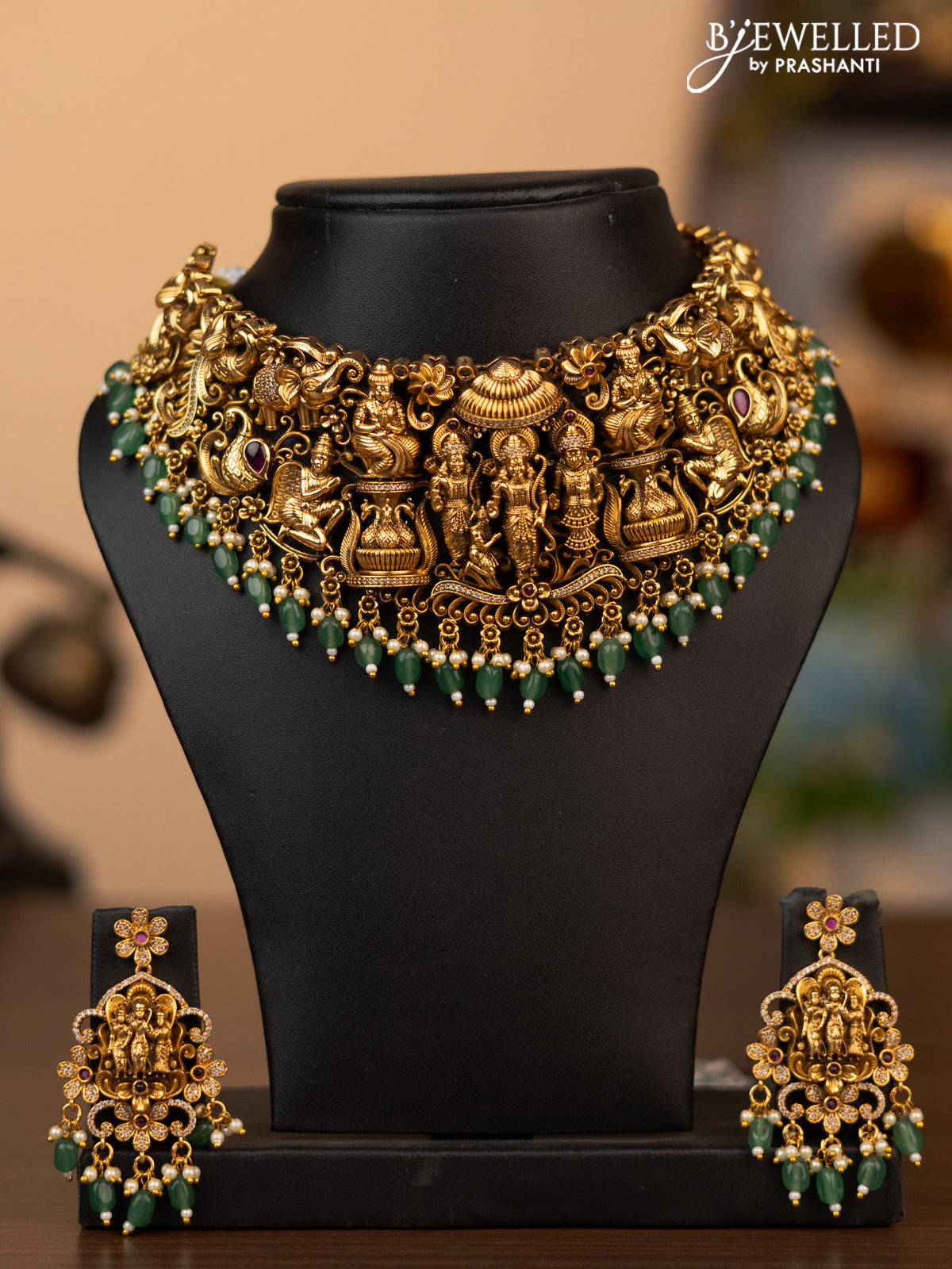 Antique necklace ramdarbar design with pink kemp & cz stones and pearl & beads hanging