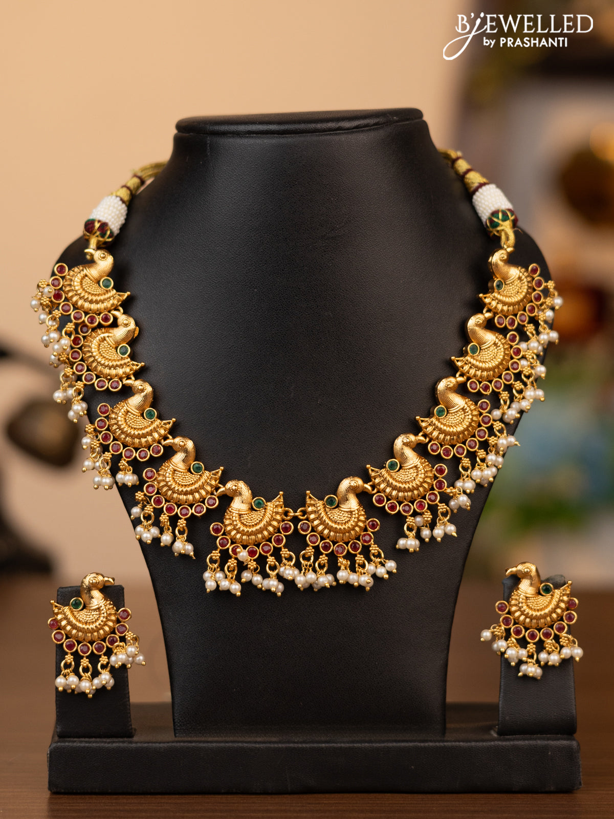 Antique necklace peacock design with kemp stones and pearl hangings