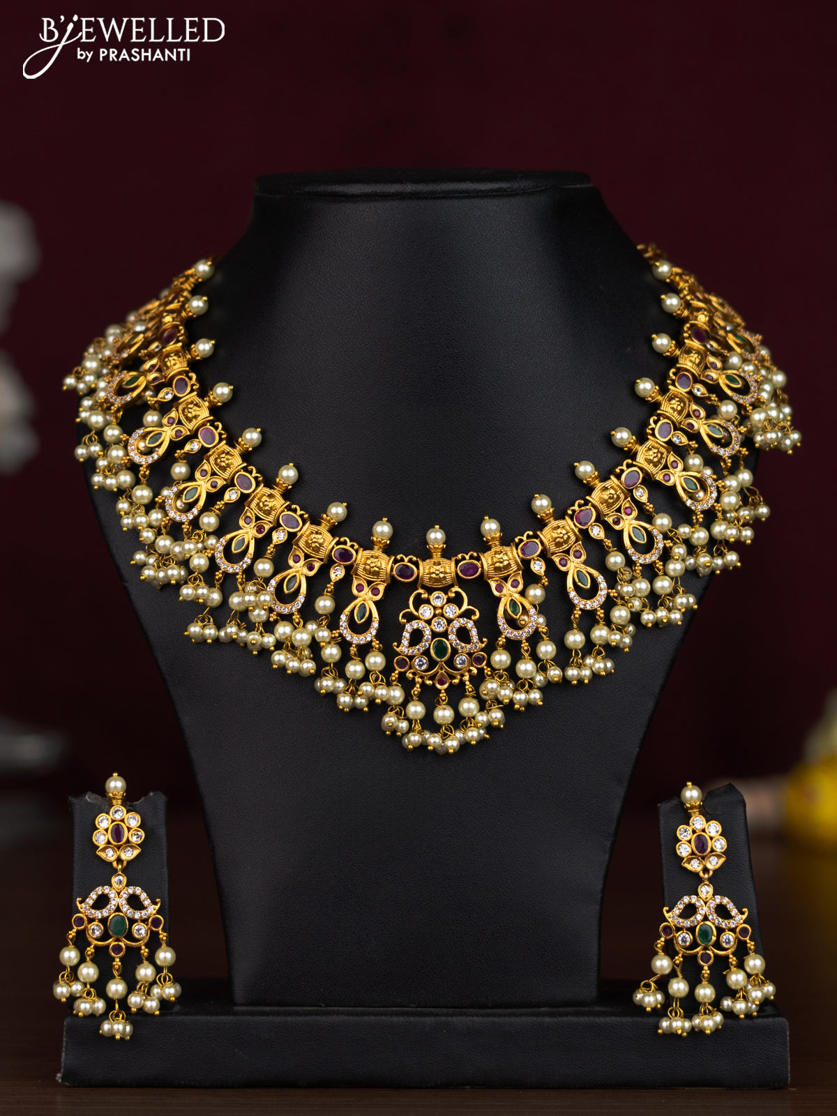 Antique guttapusalu necklace manga design with kemp & cz stones and pearl hangings