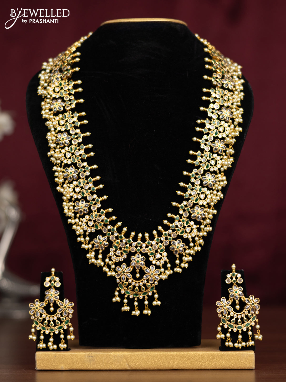 Antique guttapusalu haaram floral design with emerald & cz stones and pearl hangings