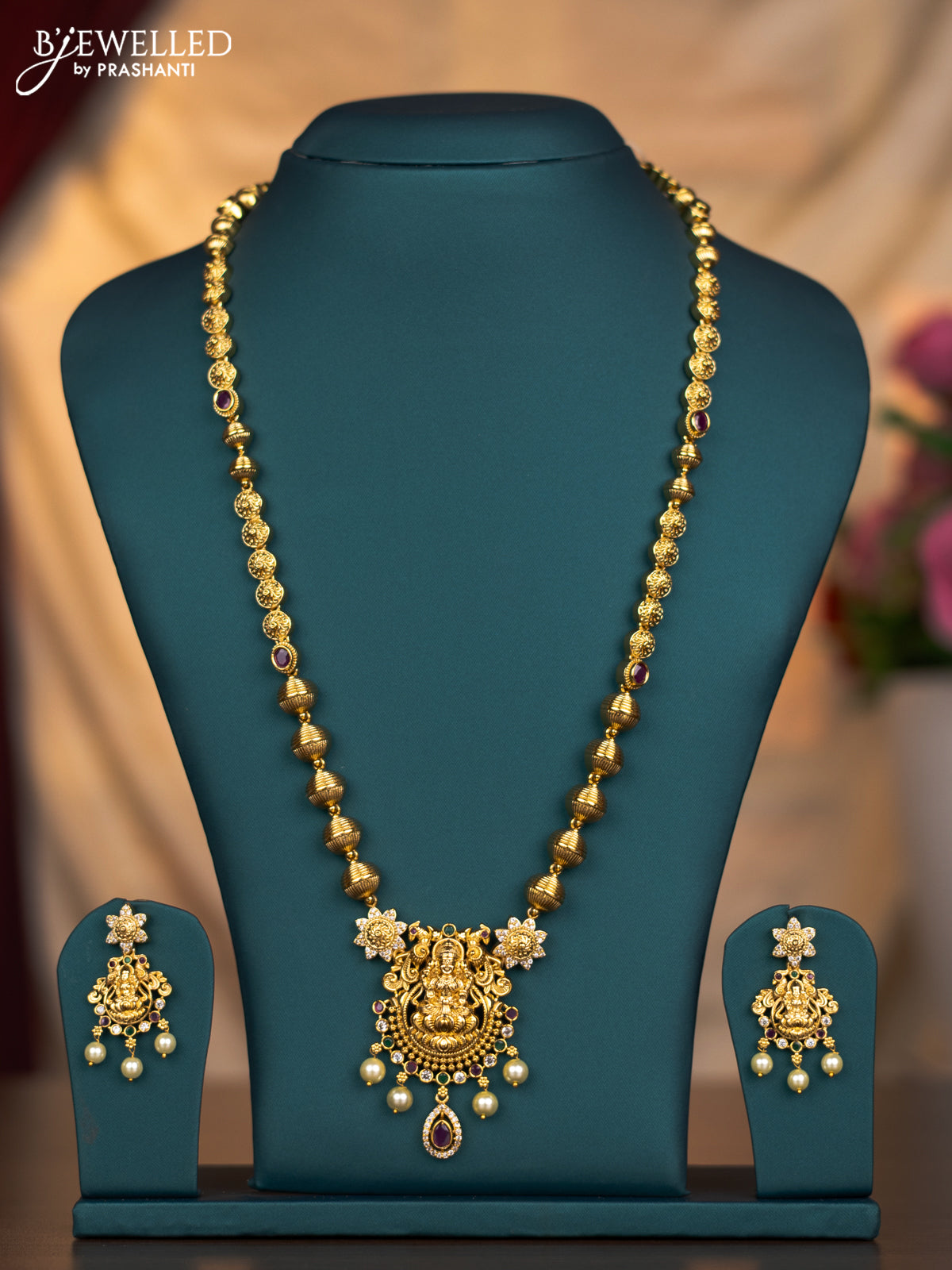Antique haaram lakshmi design with kemp and cz stones and pearl hangings