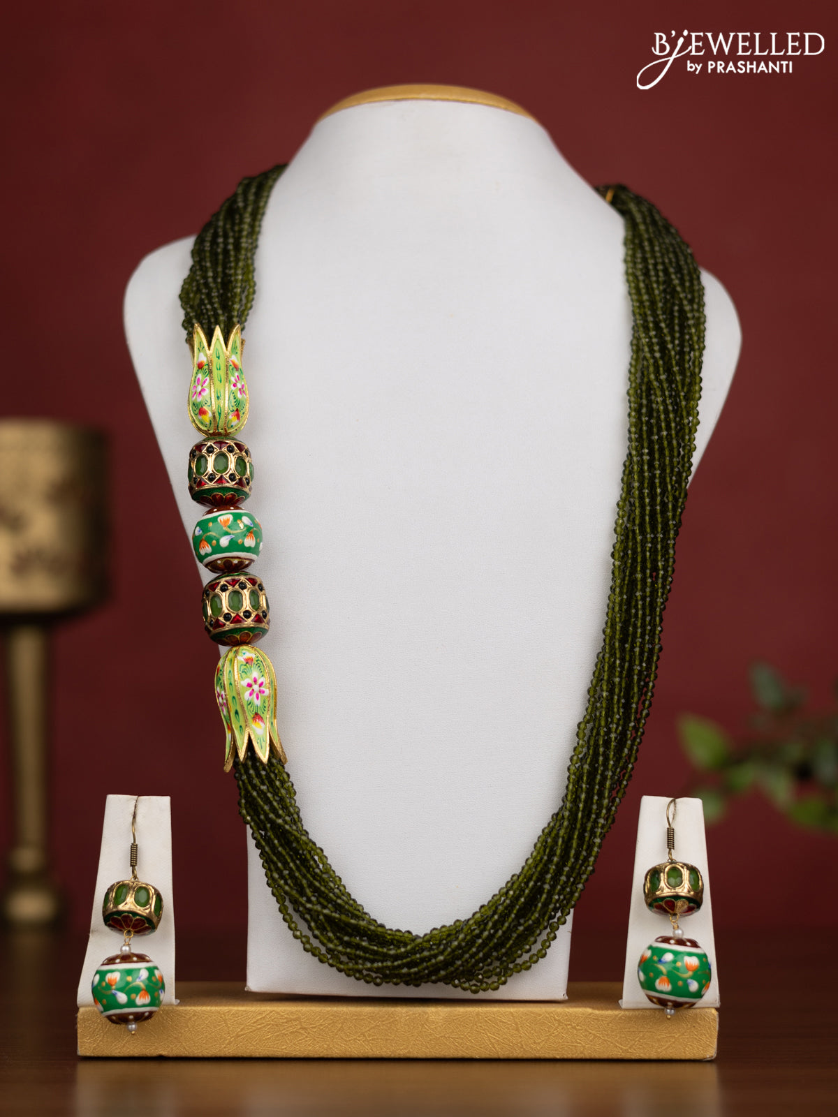 Jaipur crystal beaded green necklace with minakari balls and with earrings