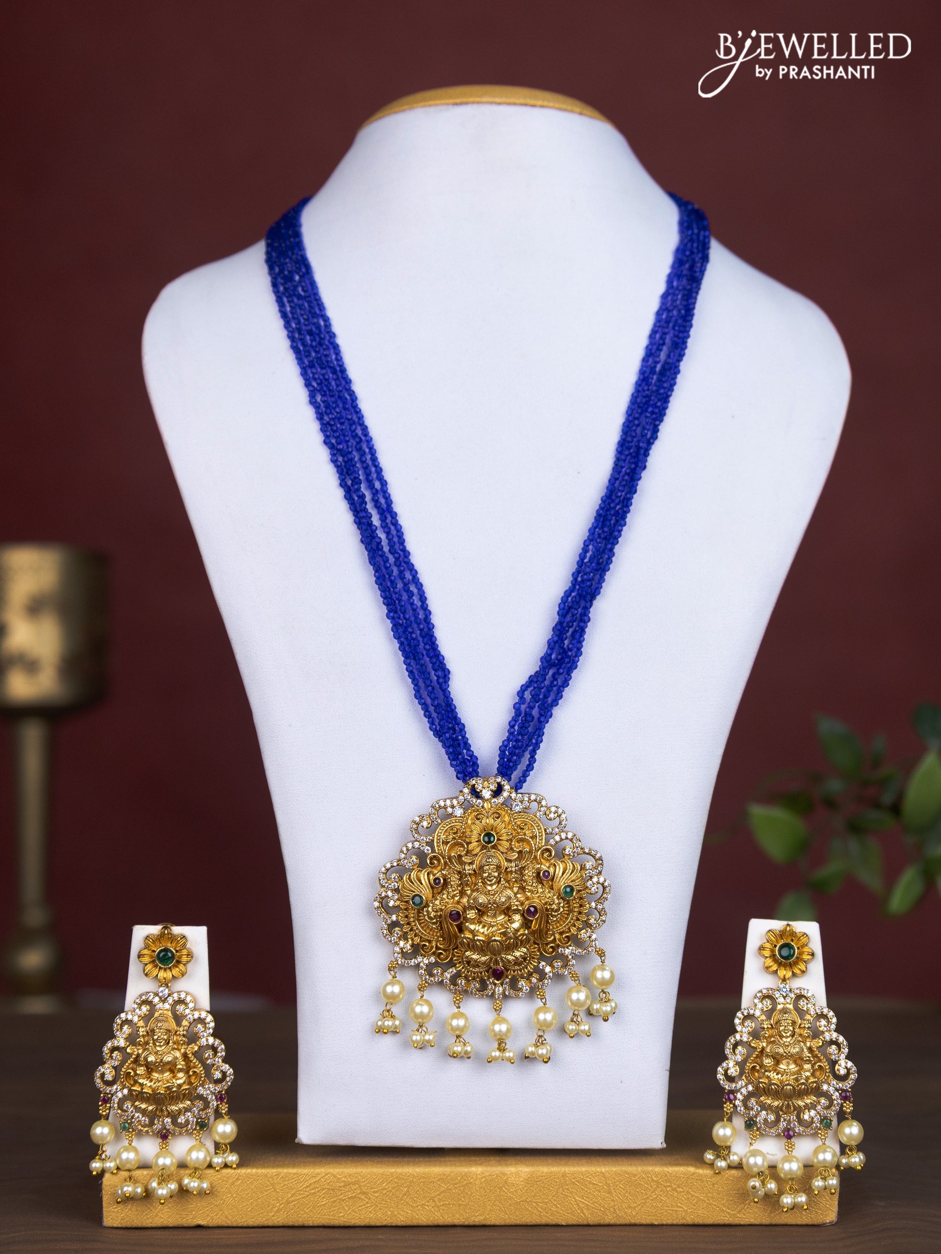 Jaipur multilayer beaded navy blue necklace with lakshmi pendant and pearl hangings