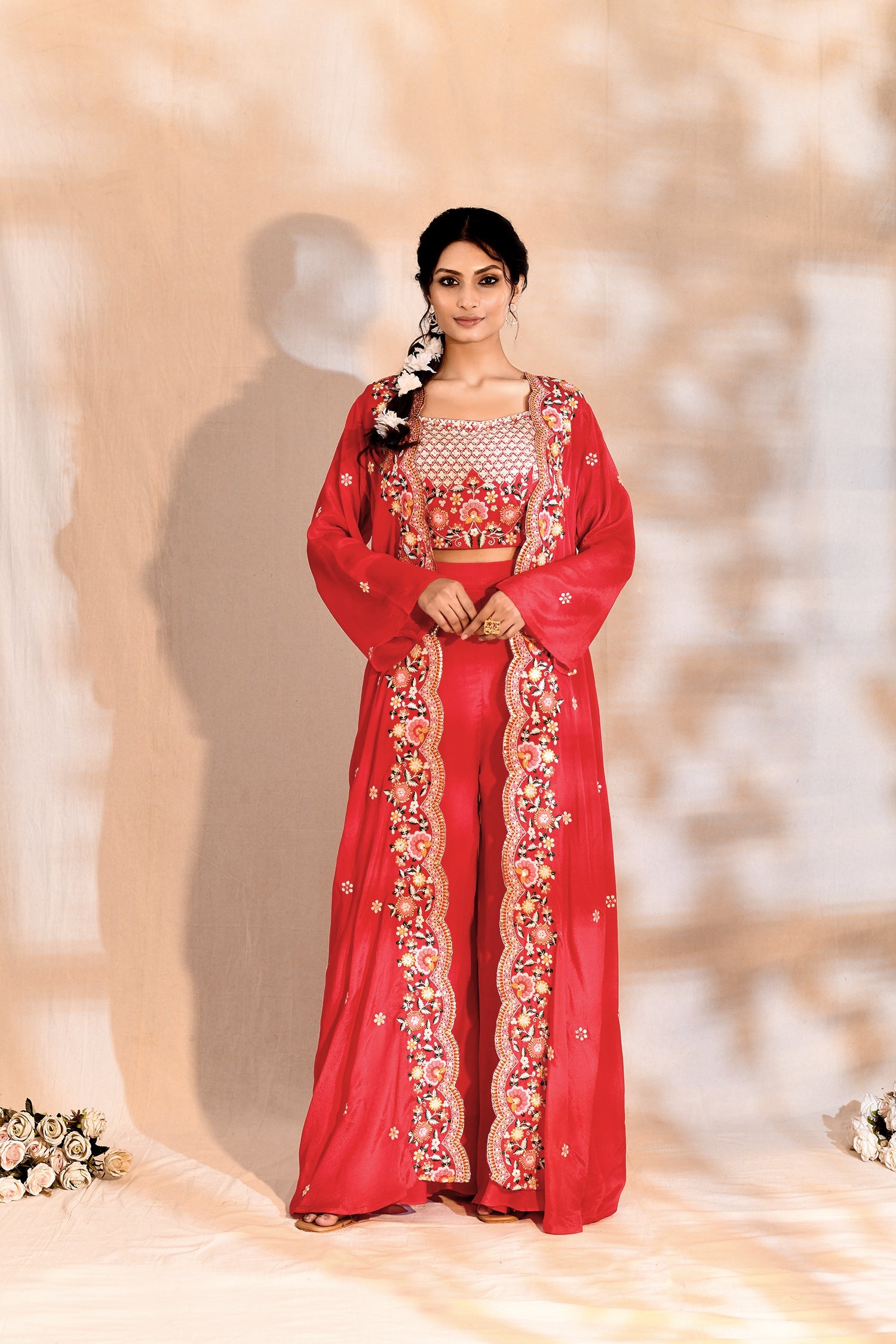 Bright Pink Tissue Silk Embroidered Indo-Western Set