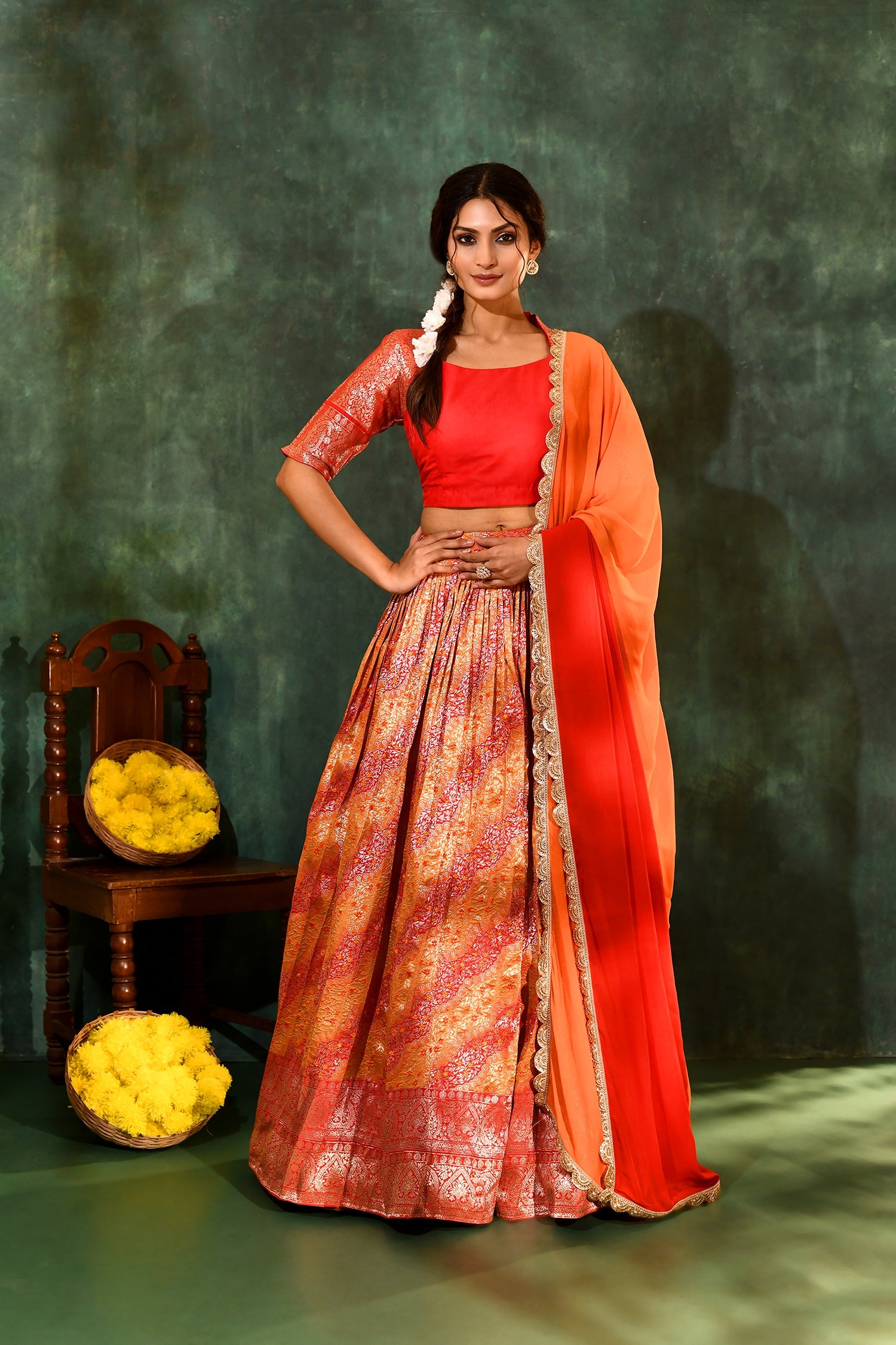 Bright Red Tissue Silk Lehenga Set