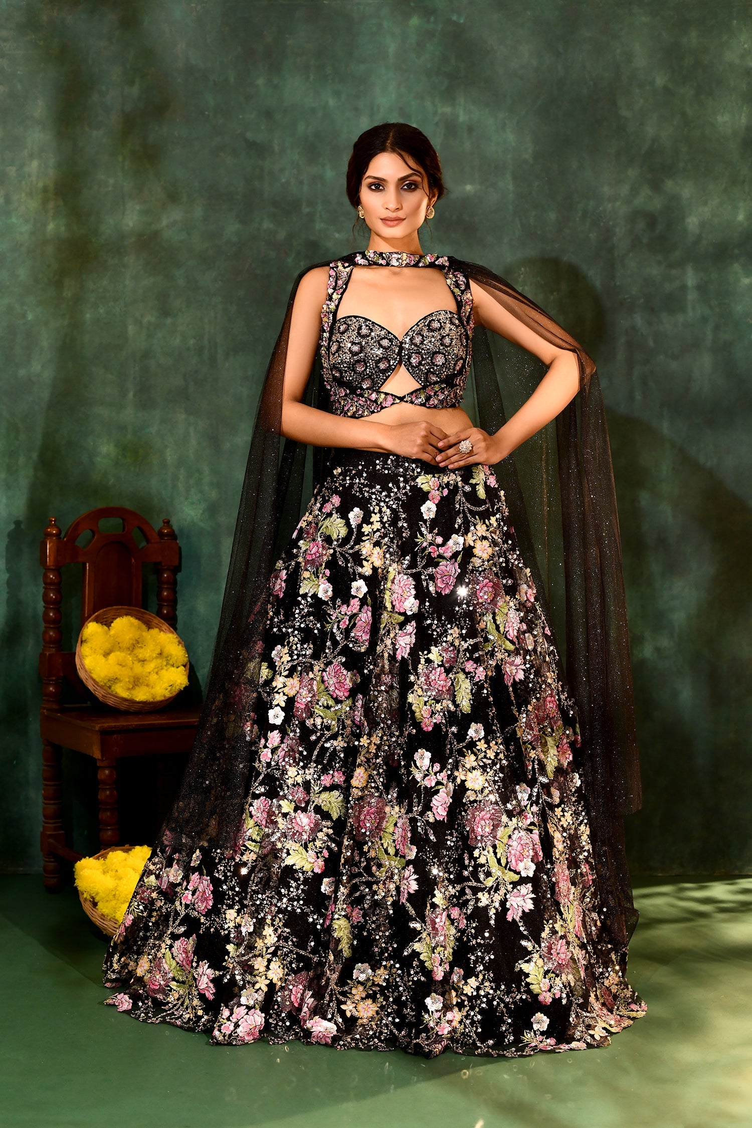 Black Net Embroidered Floral Bridal Lehenga Set