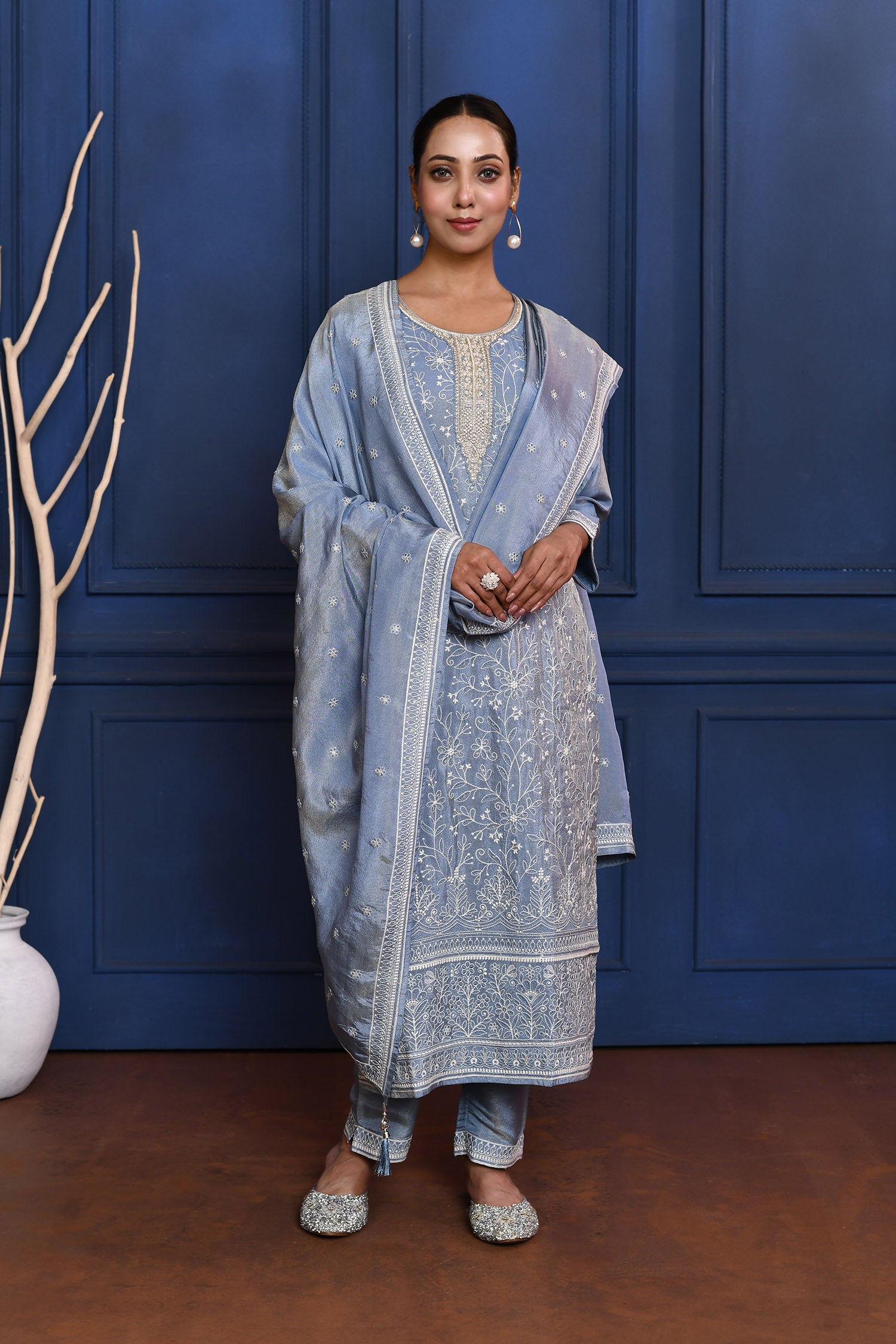 Slate Blue Floral Embroidered Tissue Silk Kurta Set