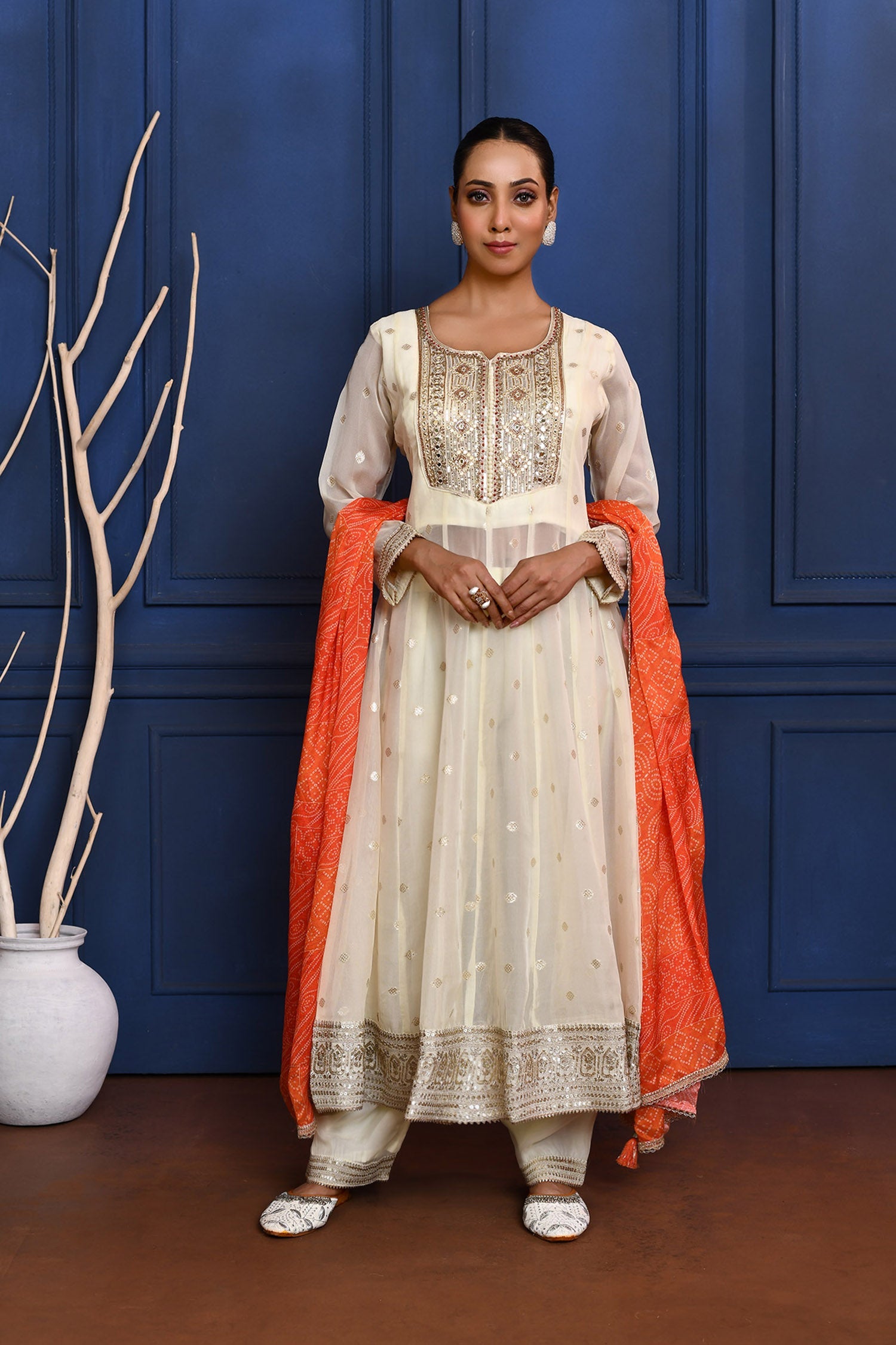 Off-White Zari Buttis Tissue Georgette Anarkali Set