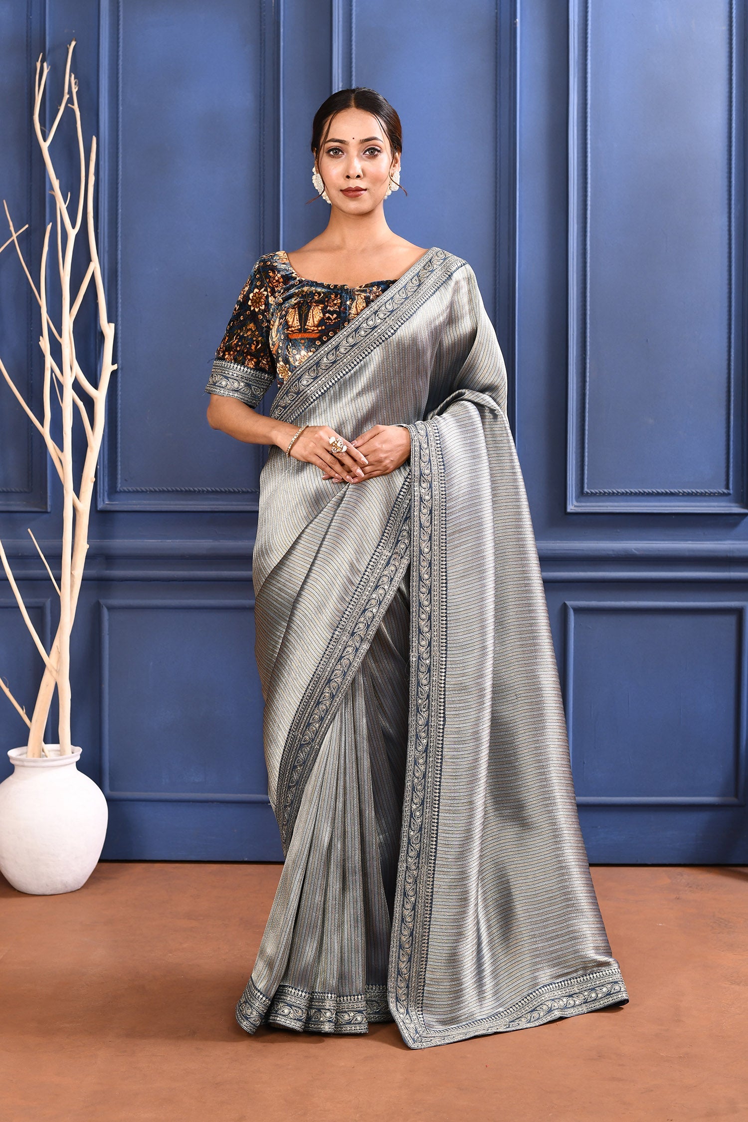 Silver Blue Tissue Saree With Embroidered Border