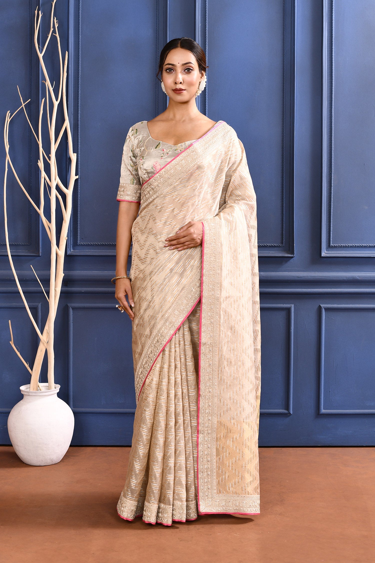 Soft Golden Embroidered Tissue Saree