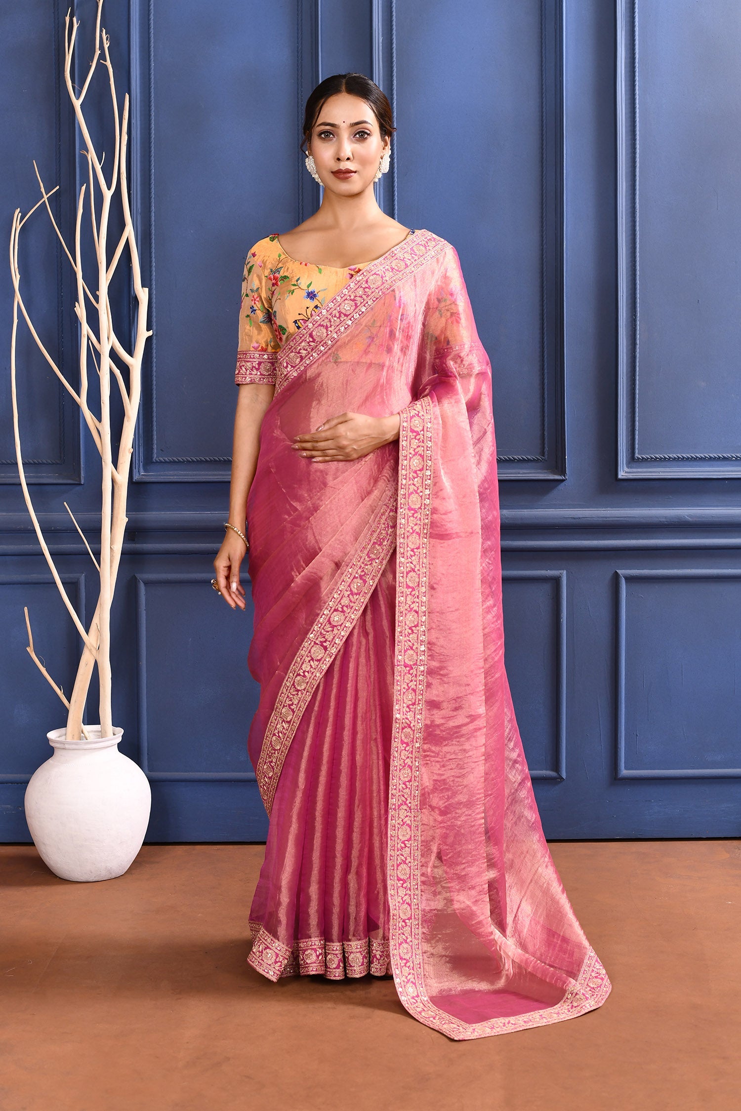 Raspberry Pink Embroidered Tissue Saree