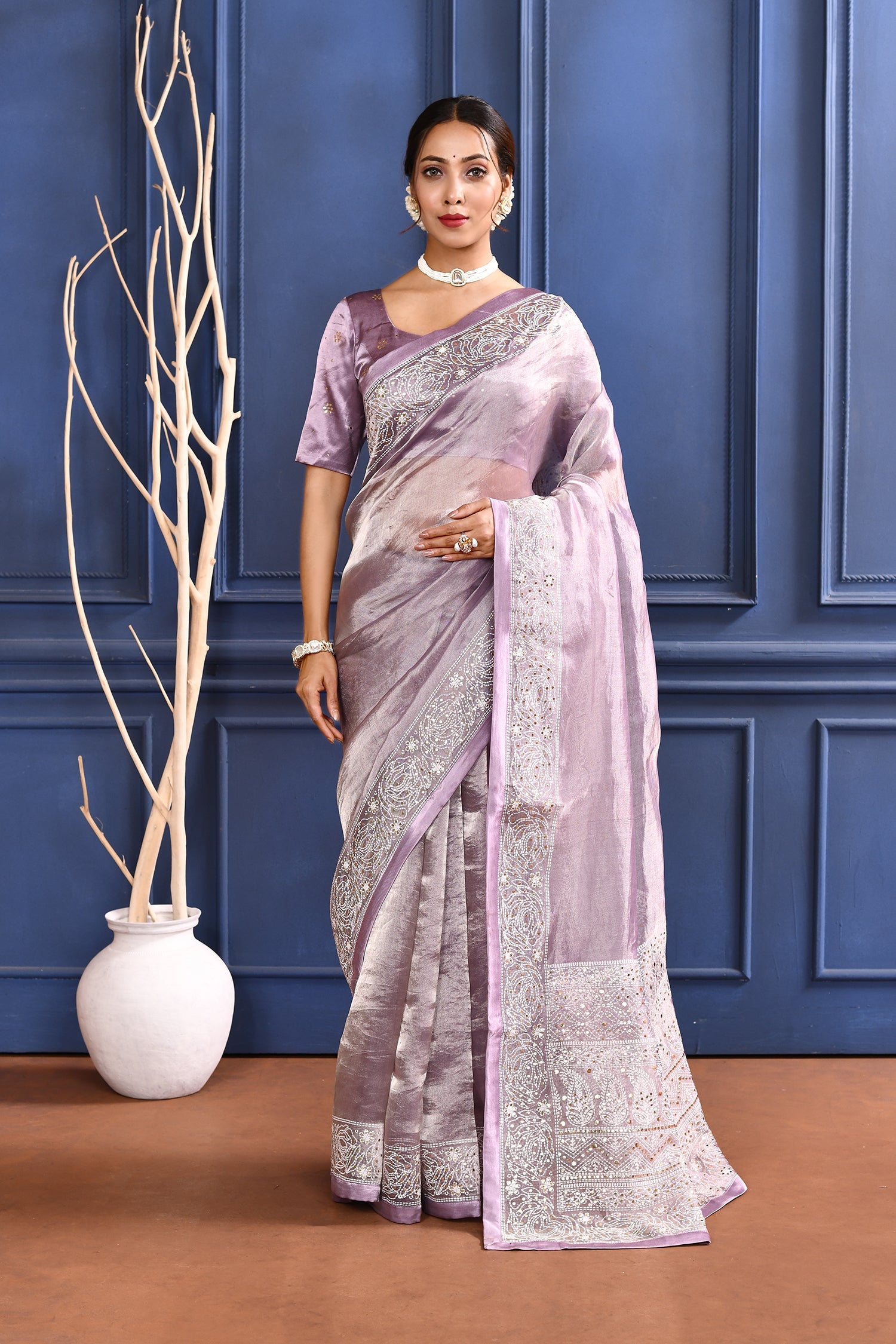 Jewel Purple Printed Foil Tissue Saree