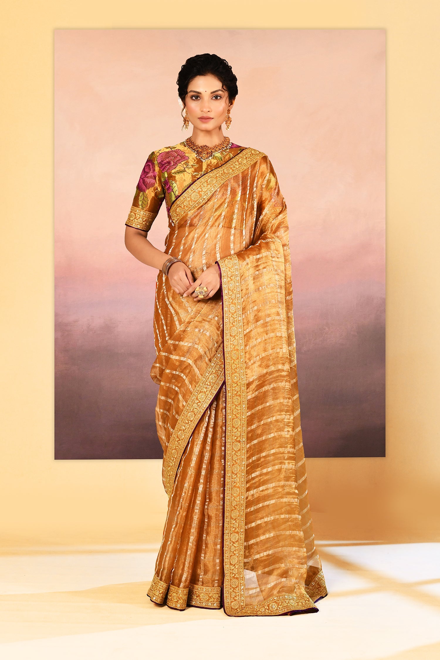 Classic Golden Embroidered Metallic Tissue Saree