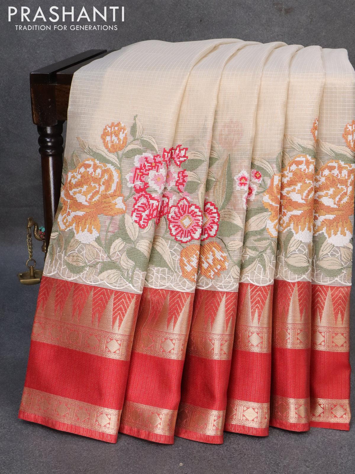 Banarasi kota tissue saree off white and red with floral design embroidery work and temple design zari woven rettapet border