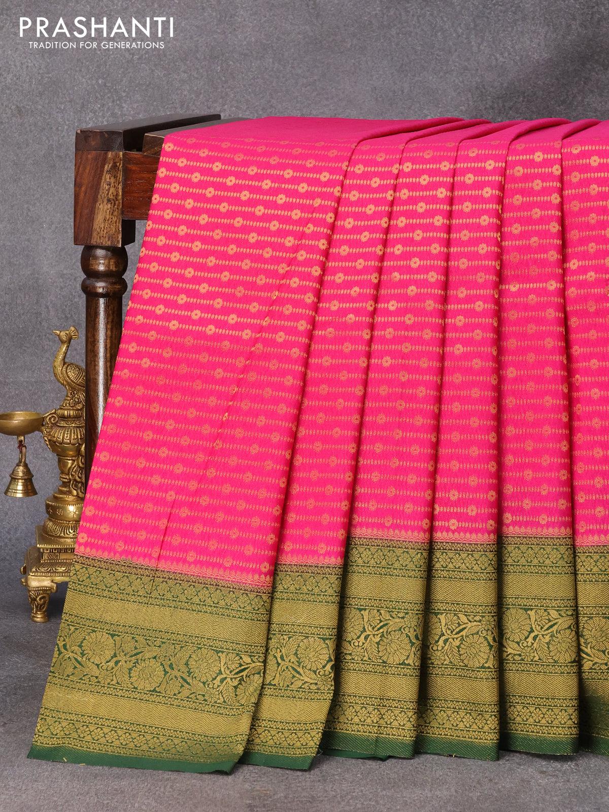 Banarasi semi crepe silk saree pink and green with allover zari weaves and zari woven border