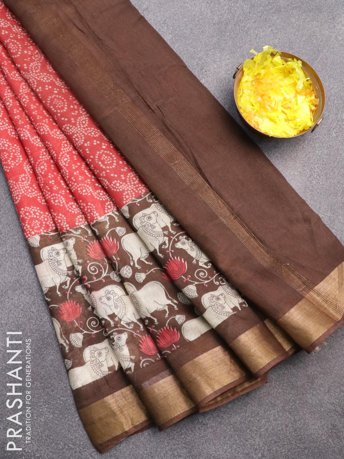 Bhagalpuri saree red and brown with allover bandhani prints and long pichwai printed zari woven border