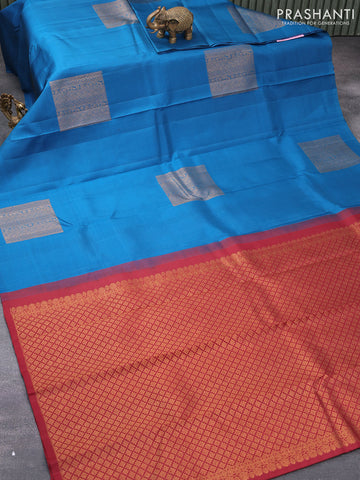 Pure kanjivaram silk saree cs blue and maroon with zari woven box type buttas in borderless style