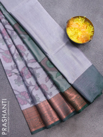 Banarasi semi tussar saree grey and green with allover ikat weaves and copper zari woven border