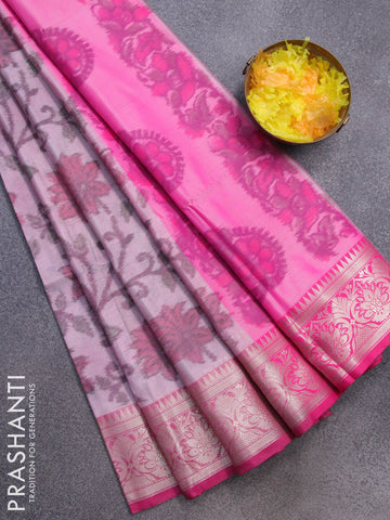 Banarasi semi tussar saree pastel pink and pink with allover ikat weaves and silver zari woven border