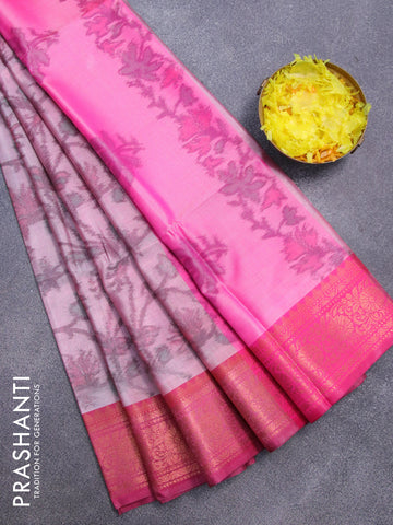 Banarasi semi tussar saree light pink and pink with allover ikat weaves and copper zari woven border