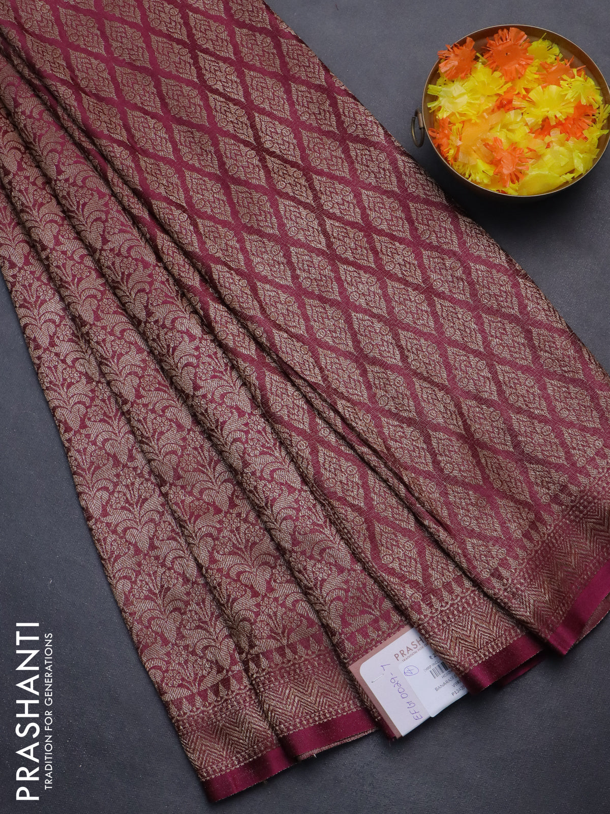 Banarasi semi crepe saree dark magenta pink with allover thread & zari woven brocade weaves and woven border