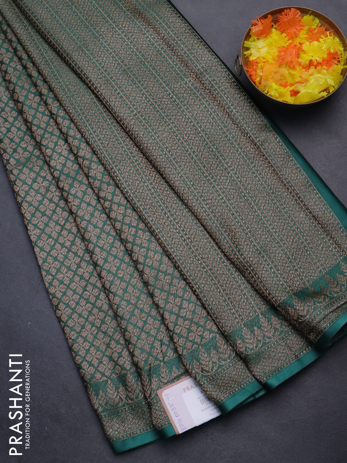 Banarasi semi crepe saree teal green with allover thread & zari woven brocade weaves and woven border