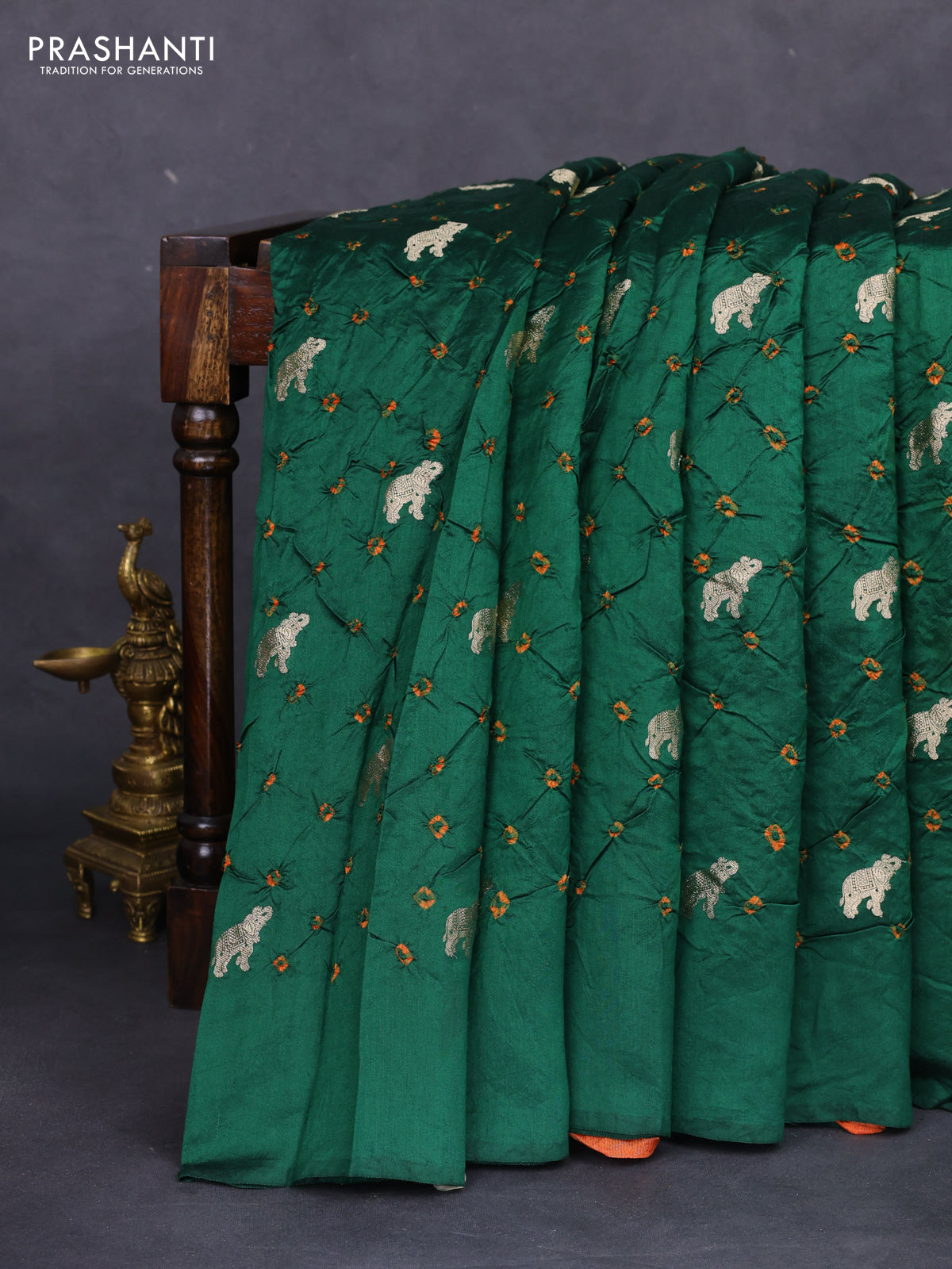 Chiniya silk saree green and orange with allover zari buttas & bandhini prints in borderless style