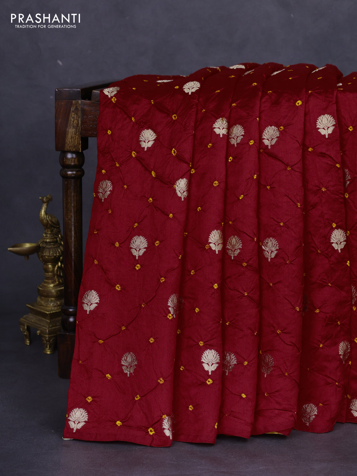 Chiniya silk saree red and mustard yellow with allover zari buttas & bandhini prints in borderless style