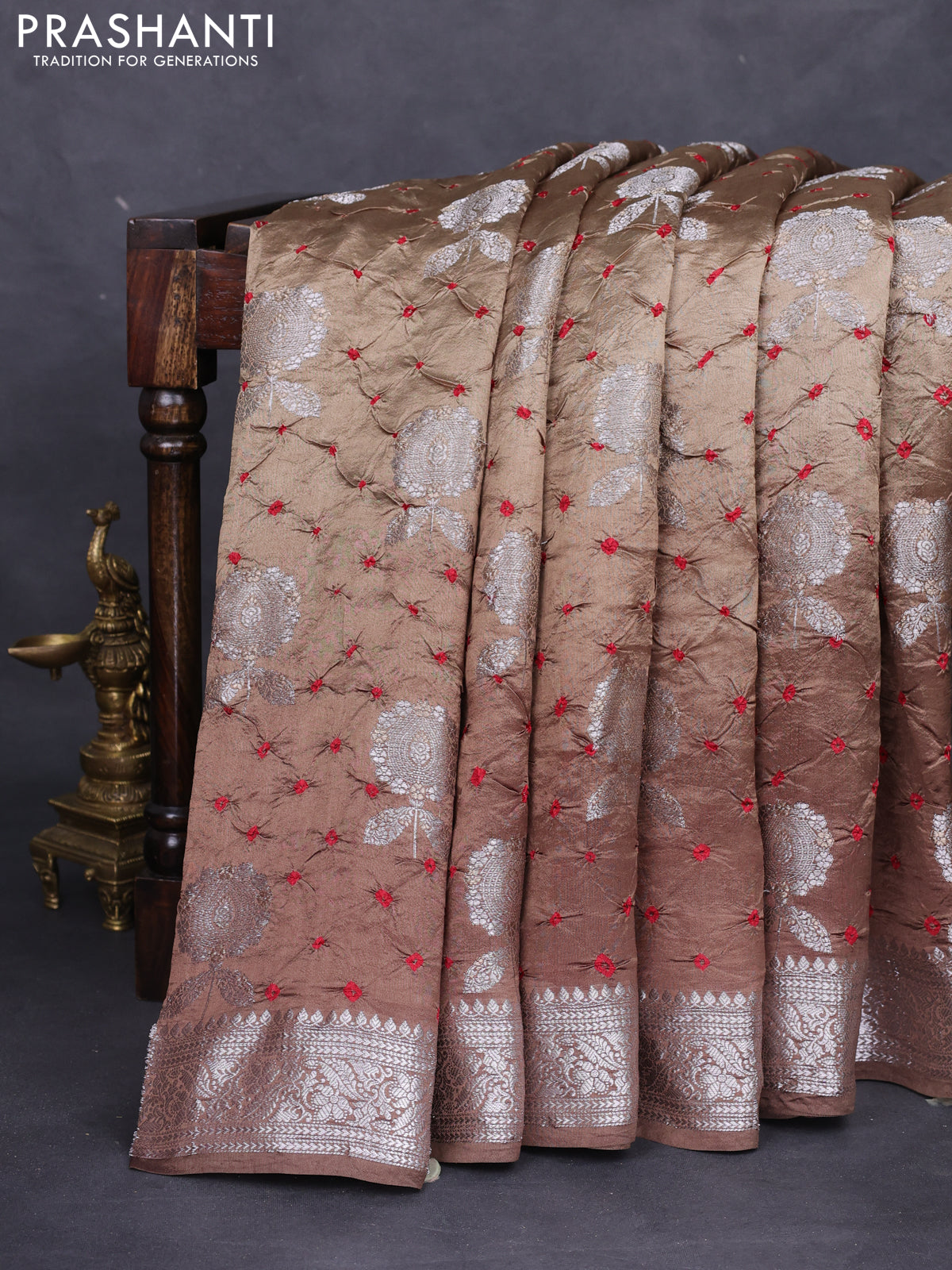 Chiniya silk saree brown with allover silver zari buttas & bandhini prints and silver zari woven border