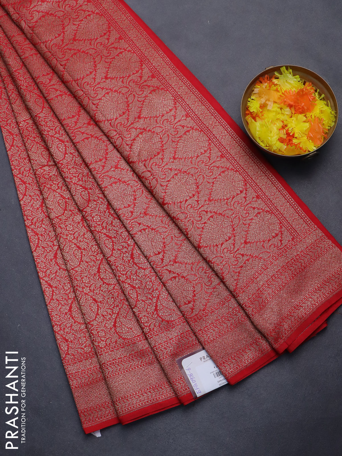 Banarasi semi silk saree red with allover thread & zari weaves and woven border