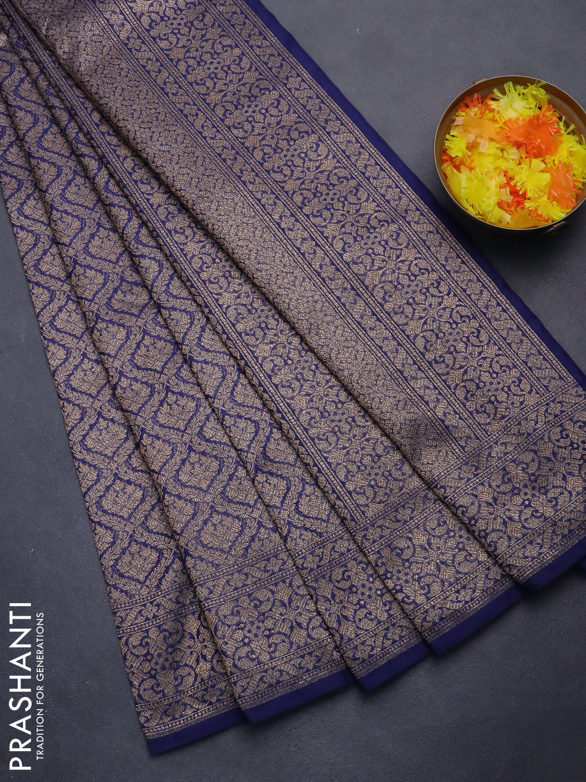 Banarasi semi silk saree navy blue with allover thread & zari weaves and woven border