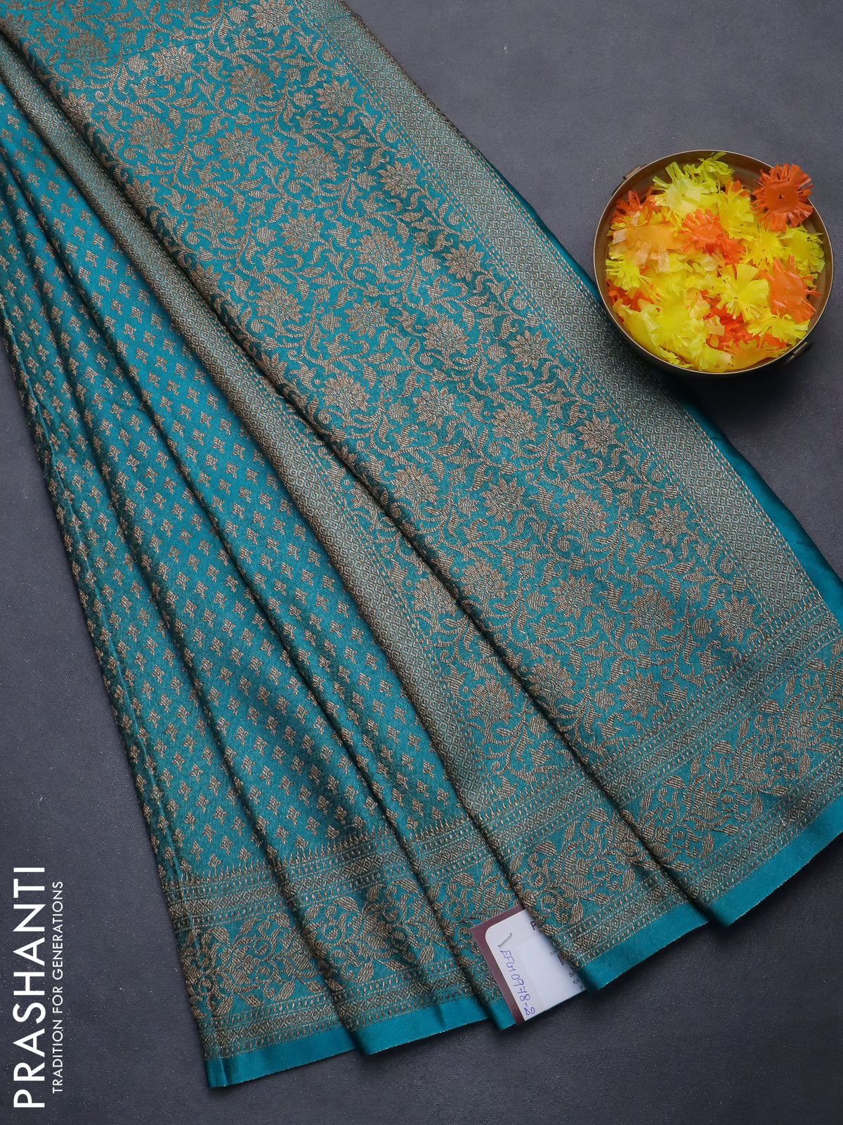 Banarasi semi silk saree teal blue with allover thread & zari woven butta weaves and woven border