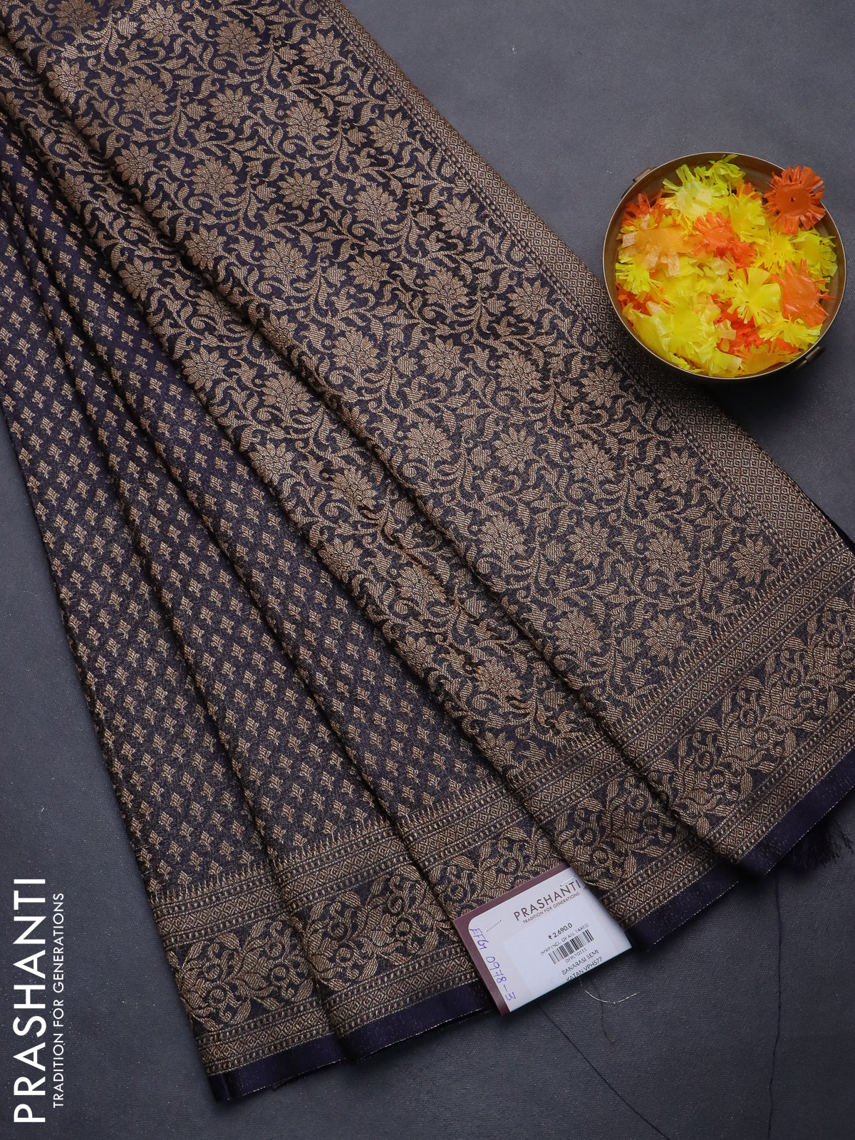 Banarasi semi silk saree navy blue with allover thread & zari woven butta weaves and woven border