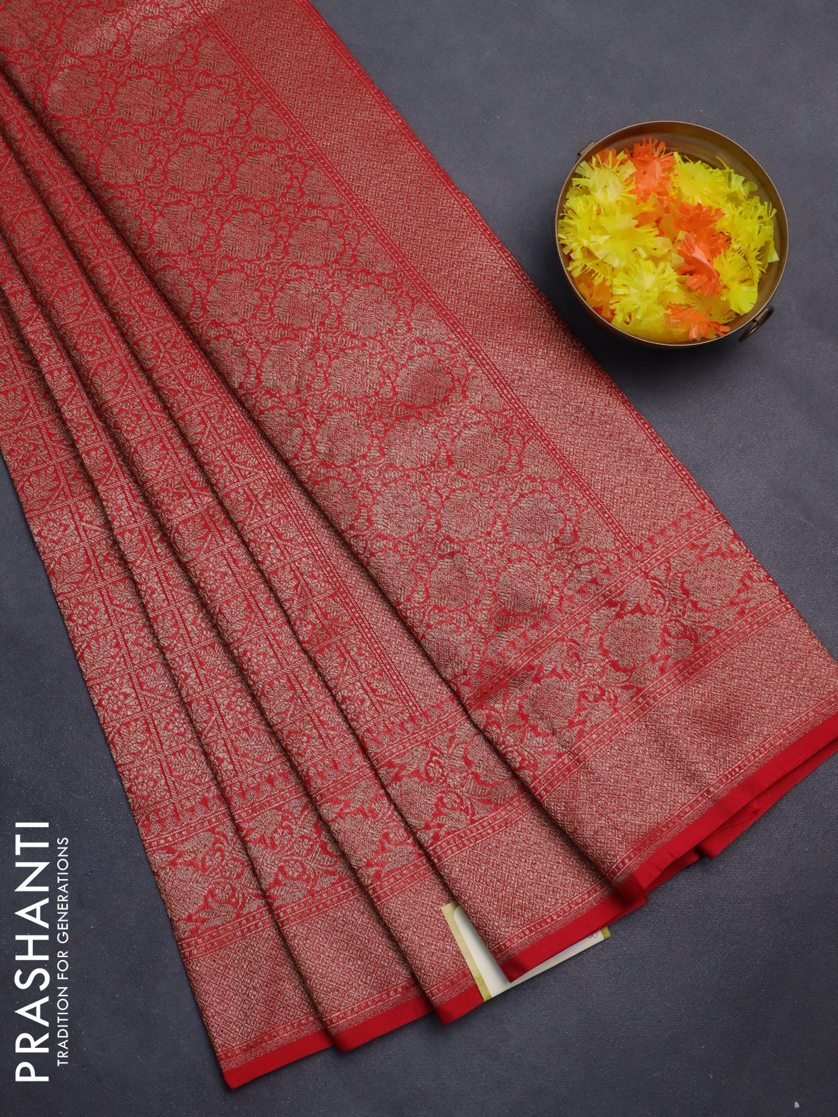 Banarasi semi silk saree red with allover thread & zari weaves and woven border